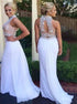 Two Piece High Neck Mermaid White Prom Dress with Beading Open Back LBQ2538
